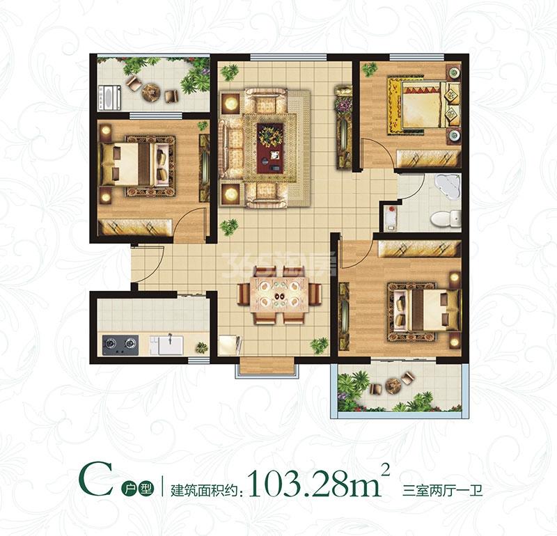 万象春天C户型三室两厅一卫约103.28㎡
