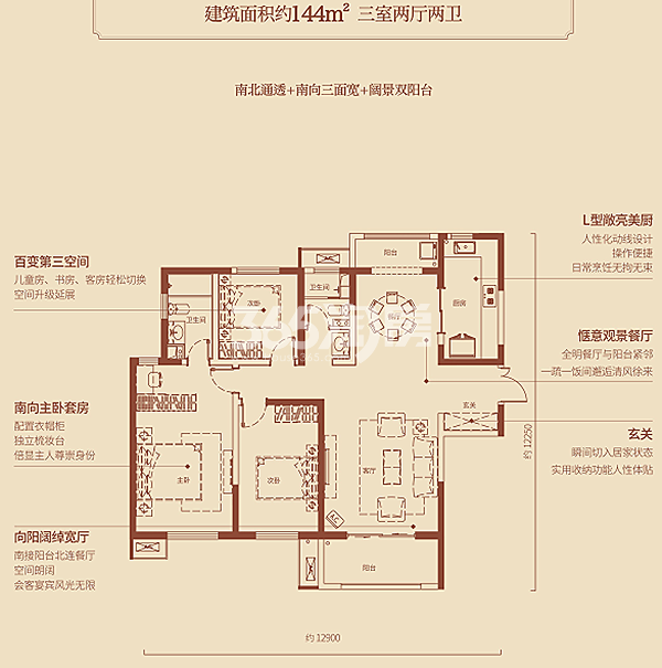 中国铁建万科翡翠国际144㎡三室户型图